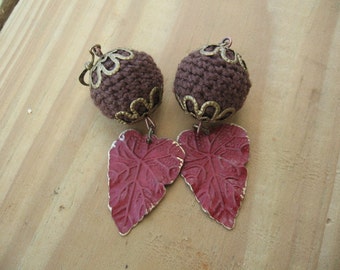 Woodland Crochet Earrings Red Leaves with Brown Crochet Beads