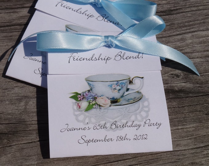 Rose Medley Pink White Rose Teacup Personalized Tea Bag Birthday Party Favors 30th 40th 50th 60th 70th