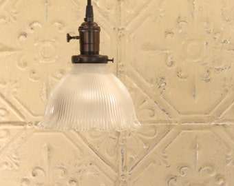 Pendant with Vintage Holophane Glass Shade and Exposed Socket