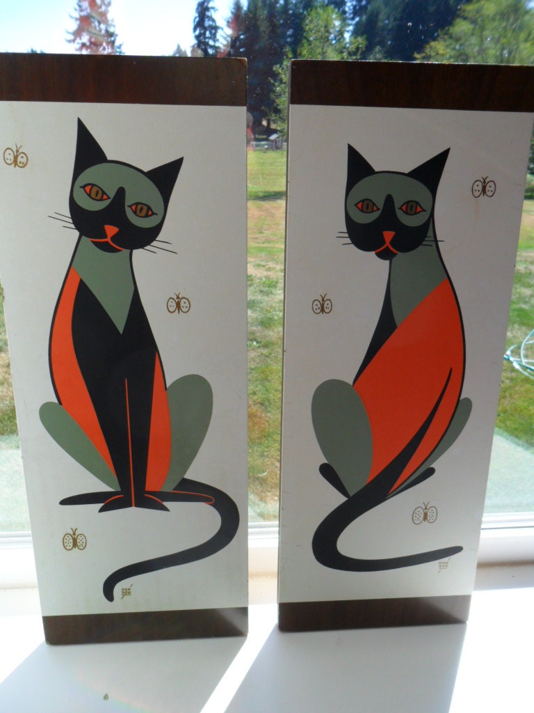 Vintage Cat  Wall  Hangings  Art  Deco Retro 1960s Set Abstract