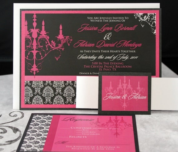Glamorous Pink and Black Chandelier Wedding Invitations ((((Sample))))