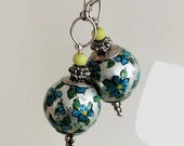 Handmade handpainted dangle earrings, blue flowers, sterling silver earwires