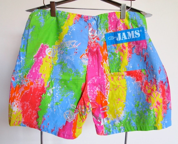 Mens Vintage Jams Shorts 80s Surf Neon Tie Dye by beachwolfvintage