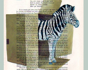 Zebra in a box -Original Illustration-Art Print-Art Poster- Hand Painting Mixed Media- French 1920 Vintage Paper