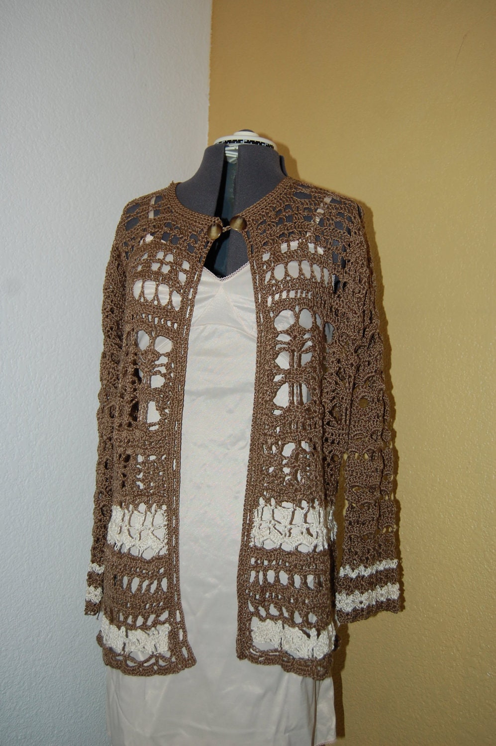 Womans Crochet Cardigan Sweater Brown And Ecru Cotton Size