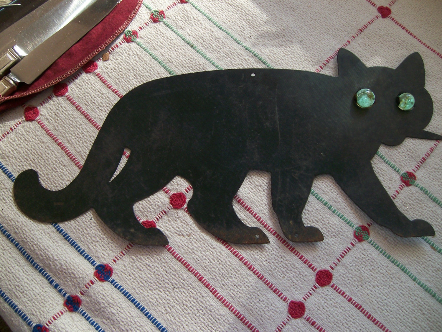 Metal Black Cat Marble Eyes Halloween Yard Art Finding