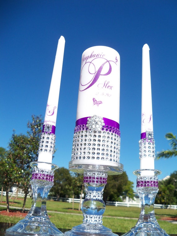 Purple Butterfly..........Bling Unity Candle and Holder Set
