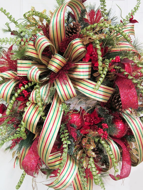 XXL Shiny Gold Red and Green Christmas Door Wreath With Yards