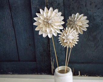 Book Blossom, Paper Dahlia, Train - Freight Book Pages, Paper Wedding Anniversary, Three Blossom Bouquet