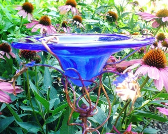 Bridal Shower Gift, Blue BUTTERFLY FEEDER, stained glass, suncatcher, garden stake, copper