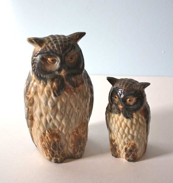 1970s Ceramic Owls Figurine / Vintage Pottery Large and Small