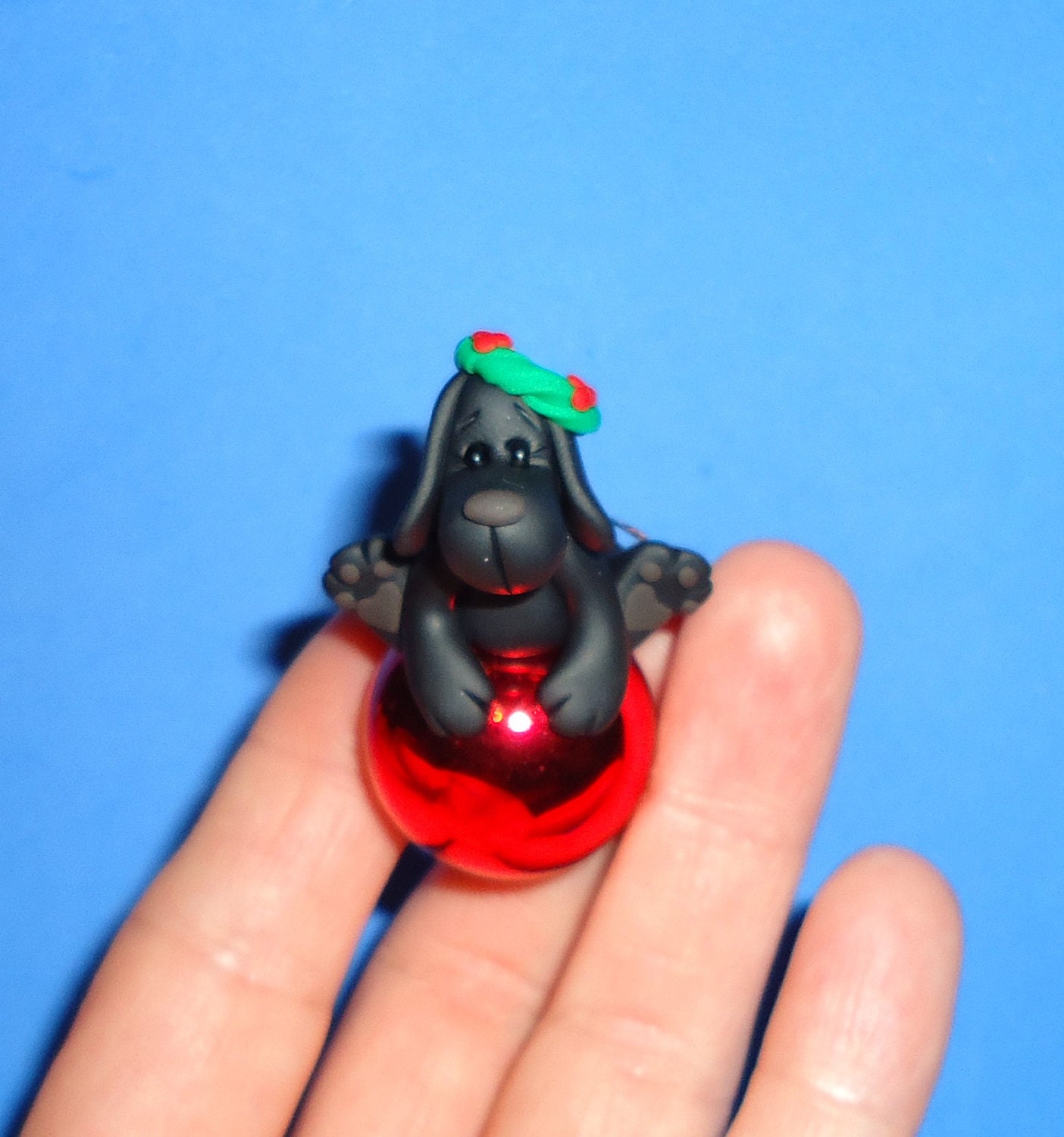 Polymer Clay Black Lab Dog on Glass Ornament