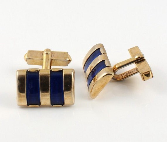 Swank Cufflinks Vintage Blue Lucite Striped Gold Tone By Rmsjewels