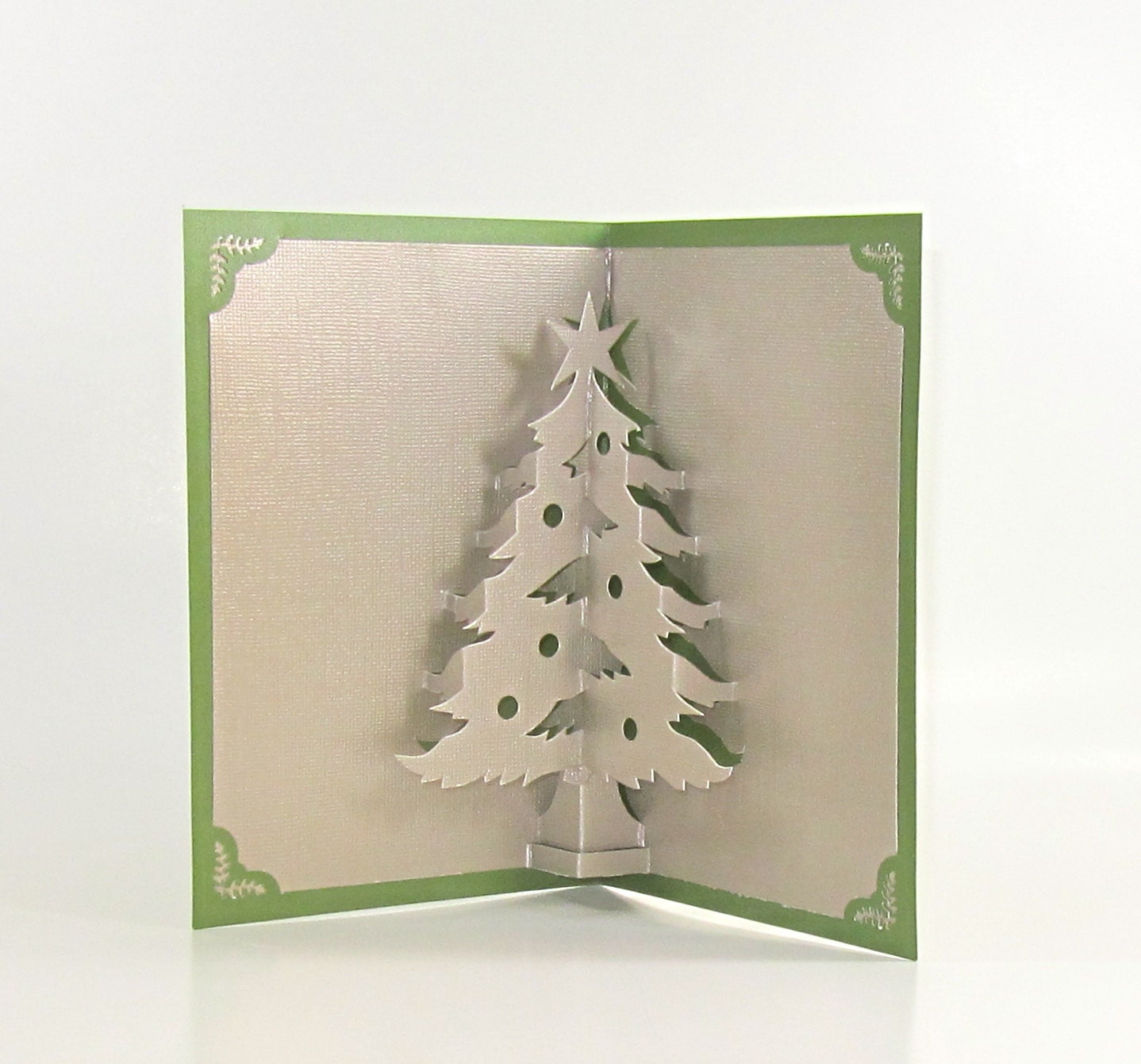 CHRISTMAS TREE 3D Pop Up Greeting Card Home Décor Handmade Origamic Architecture in Metallic Silver Grey and Shimmery Bright Green.