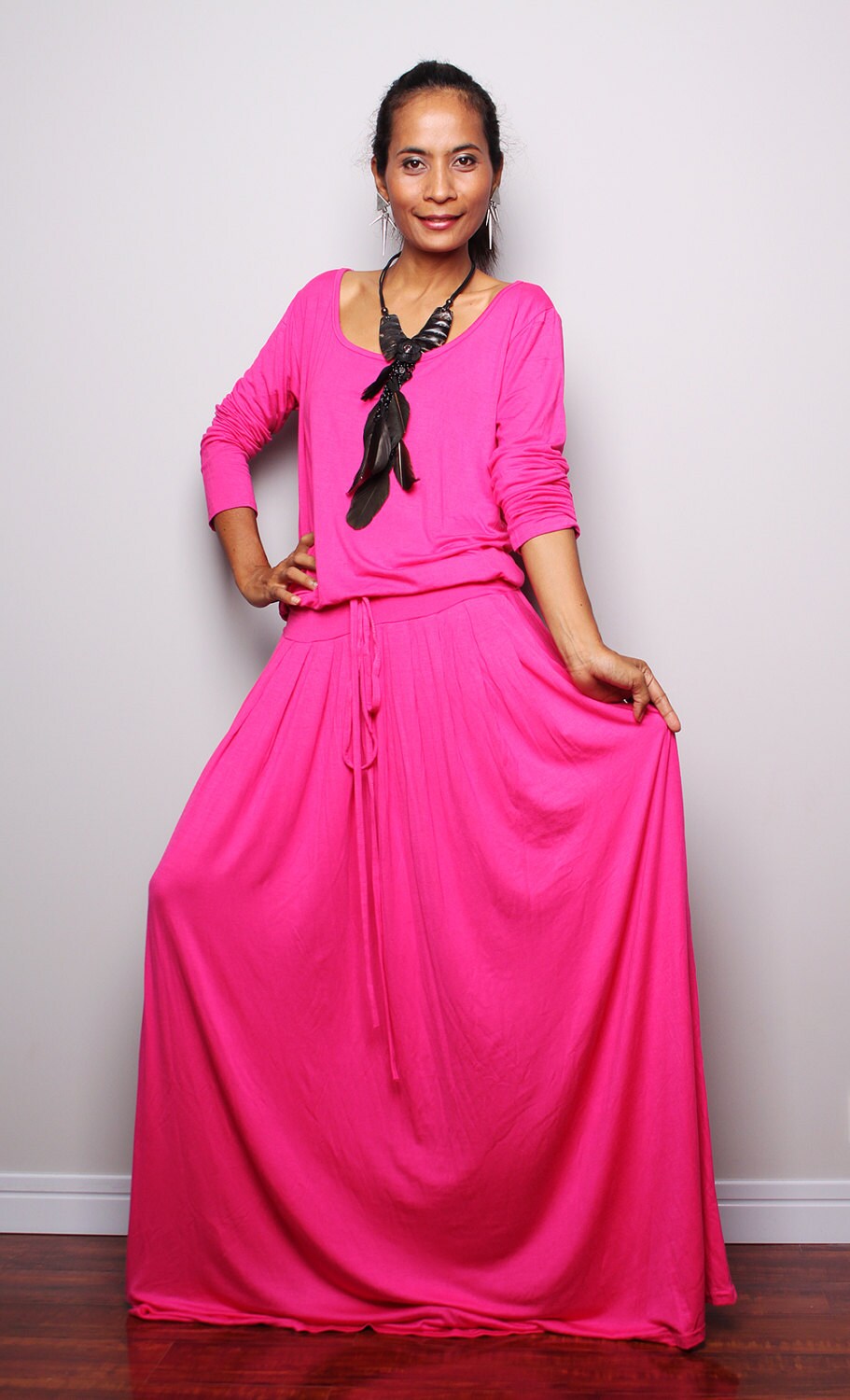 Maxi Dress Pink Long Sleeve Dress : Autumn Thrills