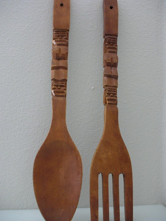 Large Carved Wooden Spoon and Fork Oversized 22 INCH Tiki