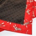 SALE - Sock Monkey Minky Baby Blanket - Moda Funky Monkeys in Red with Chocolate Dot Minky (30 X 32)