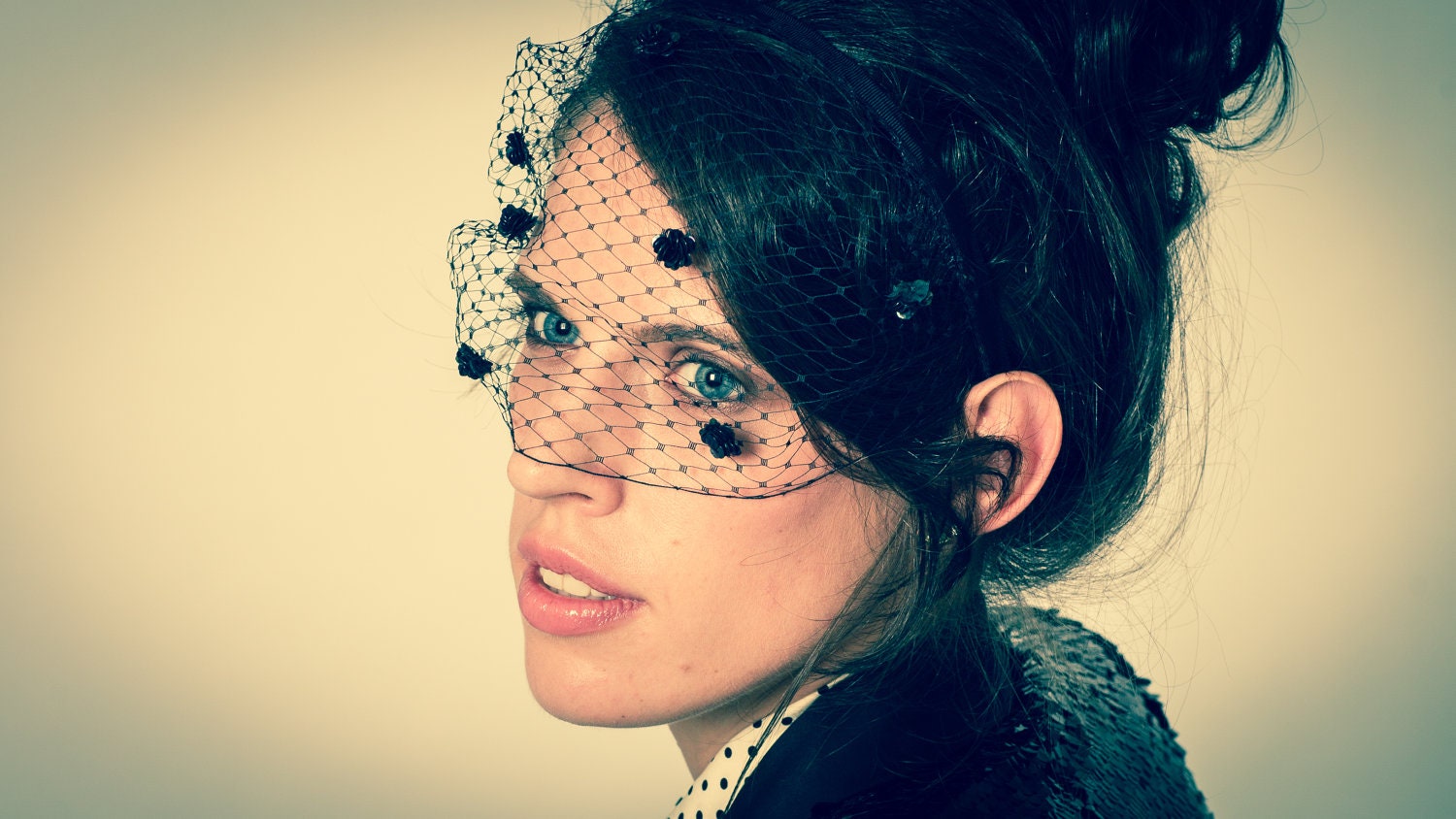 Black Birdcage Veil Headband with Sequin Flowers Hair