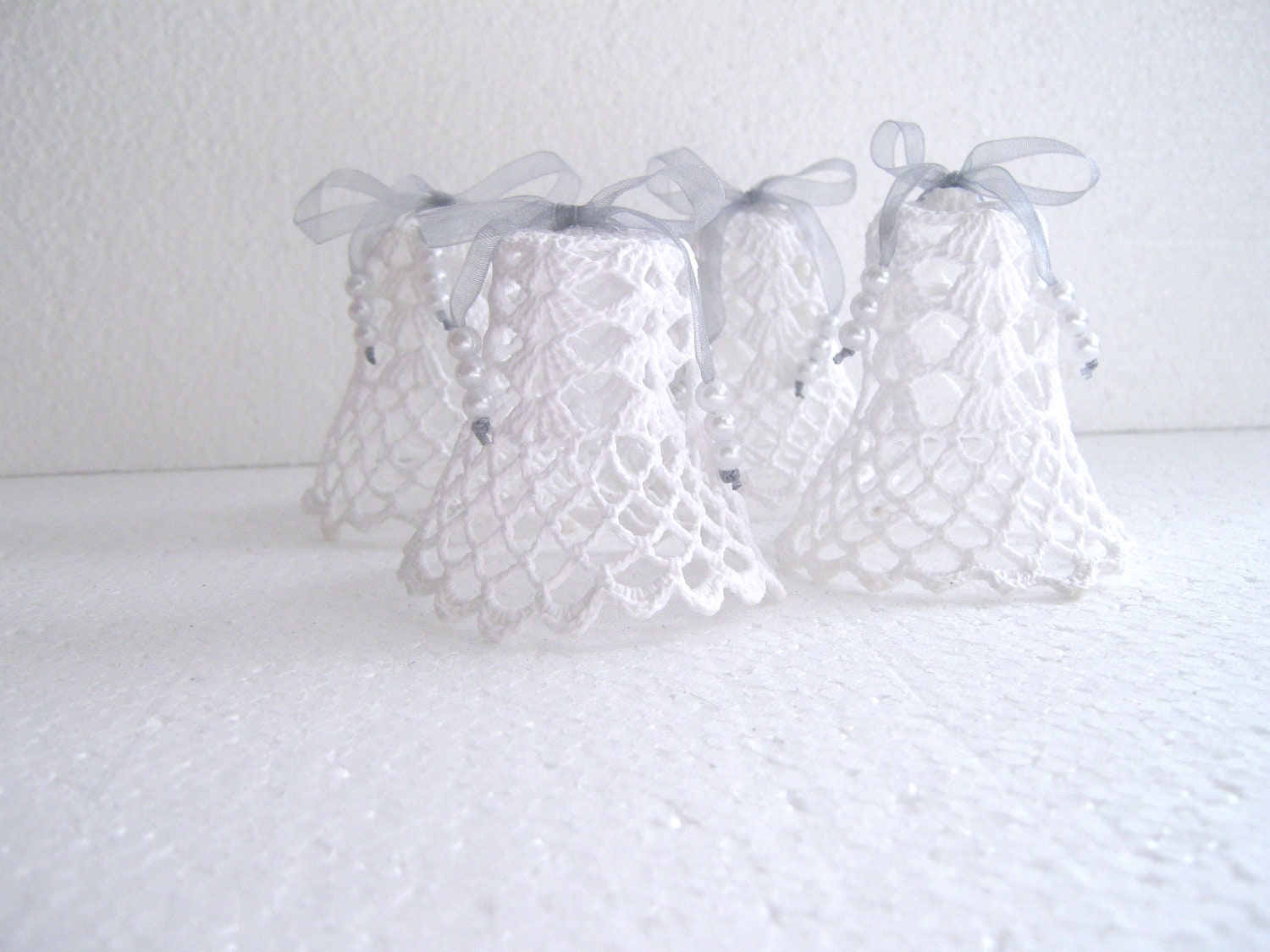 White crochet Christmas ornaments Set of 4 Lacy Bells
