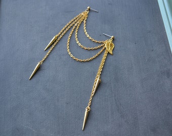 Gold Leaves and Spikes Double Pierce Cartilage Earring (Single-Side)
