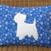 Westie Pillow with Blue & White Snowflake Print and White Wool Dog, 12" x 16"
