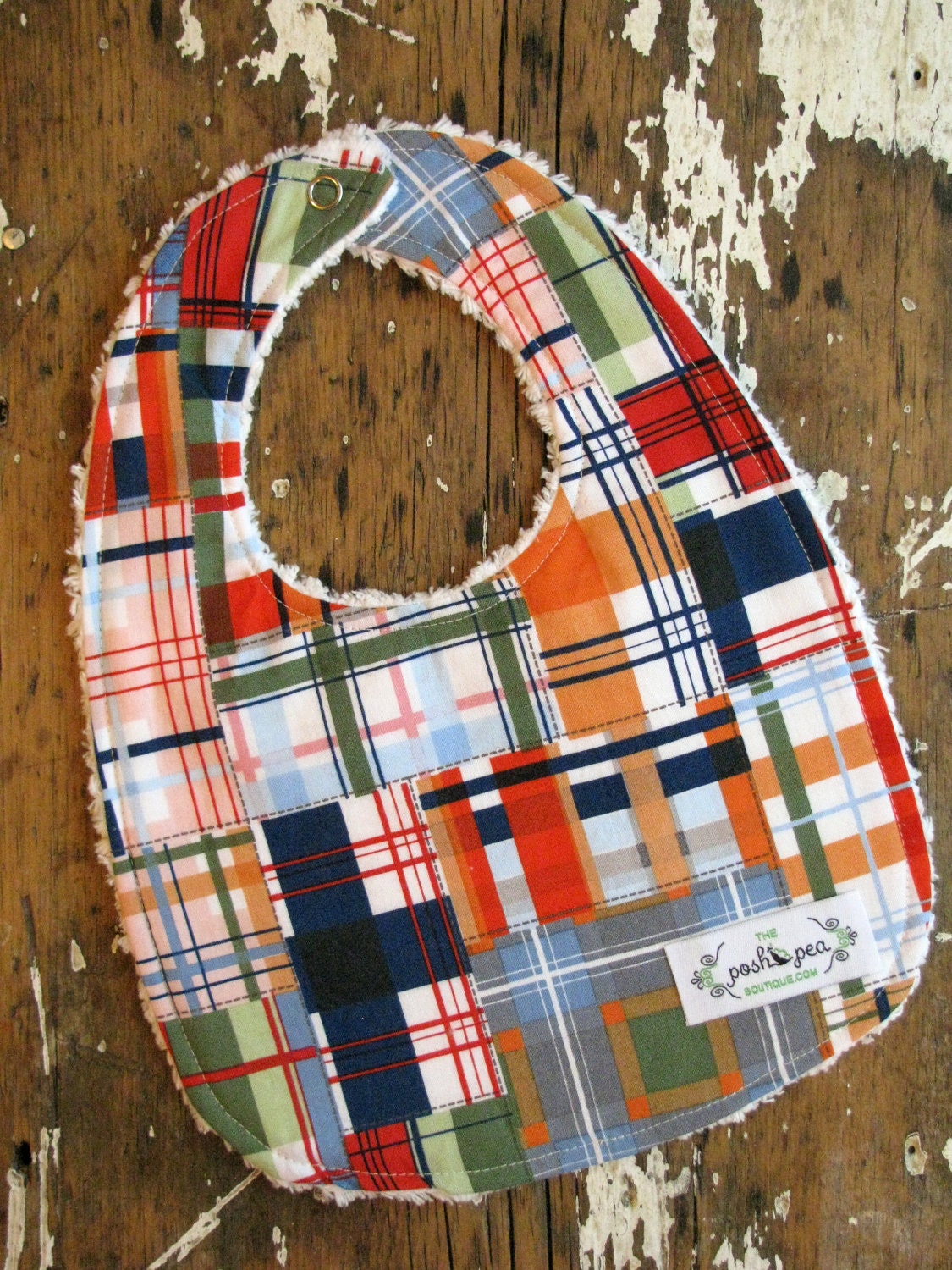 Boy Baby Bib Chenille Navy Blue Plaid Patchwork Going