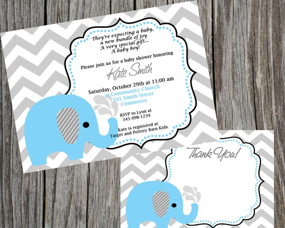 COMBO Special: Blue Elephant and Chevron Baby Shower Invitation and Thank You Card, Printable Shower invitation and thank you card Il_570xn