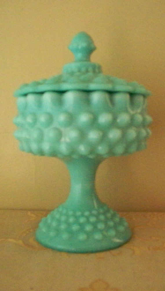 Fenton Turquoise Hobnail Footed Lidded Candy Dish Compote