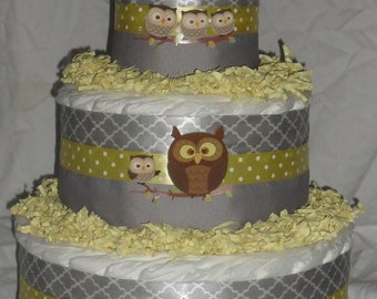 Yellow and Gray Owl Theme Diapercake