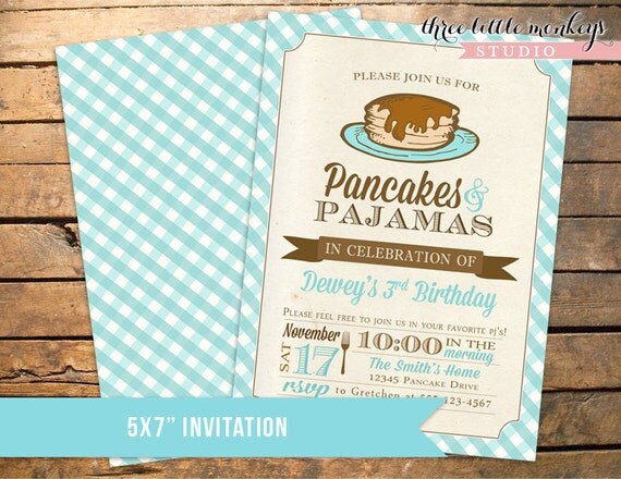 Pancakes and PJs Pajamas Birthday Invitation in Blue PLUS Matching Thank You Note Il_570xn