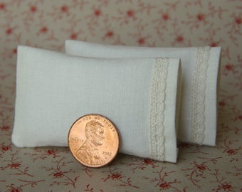 Dollhouse Miniature Pillows Set of 2 Ecru Bed Pillows with delicate lace detail - 1:12 scale