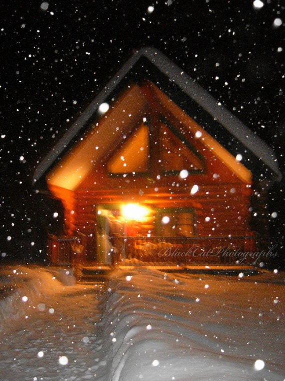 Items similar to Winter log cabin photo, cozy holiday decor, night