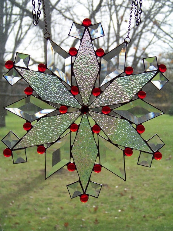 Items Similar To Red Snowflake Holiday Stained Glass Suncatcher On Etsy