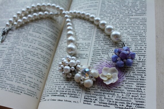 Vintage Pearl Necklace with Purple Collage Wedding Statement Assemblage
