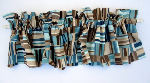 FOCUS Valance Curtains Brown Tan Blue Teal Stripes 53 inches