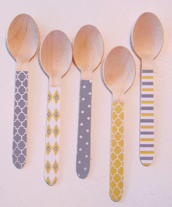 Yellow and Grey Multi-Pattern Wooden Forks or Spoons - Set of 20 Il_570xn