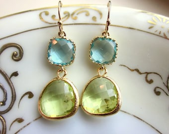 Peridot Earrings Aquamarine Gold Plated - Bridesmaid Earrings - Wedding Earrings - Valentines Day Gift