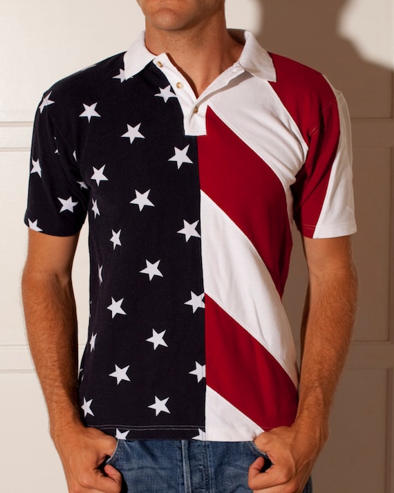 American Flag Polo Shirt Go Team USA S by GreatWhiteVintage