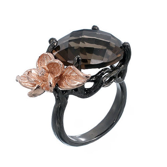 Smoky Quartz Ring Big Oval Smoky Quartz Gemstone by jewelkingthai