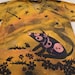Spike, the dog is out star gazing with his two small mice buddies, discharged and then dyed with procion dyes, oranges, yellows, and pink