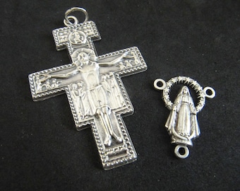 Italian Silver San Damiano Rosary Crucifix and Matching Miraculous Mary Reversible Center