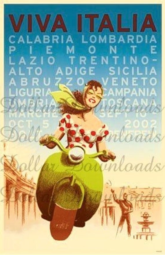 Viva Italia Woman On Vespa Vintage Travel Poster Digital Image