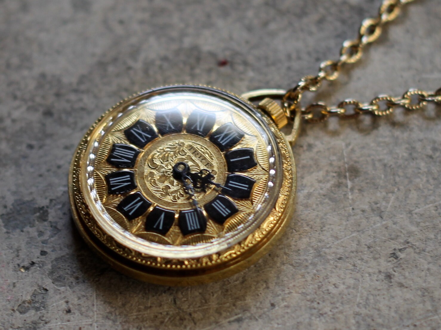 Vintage Pendant Necklace Watch Trice Roman Numerals Gold Tone