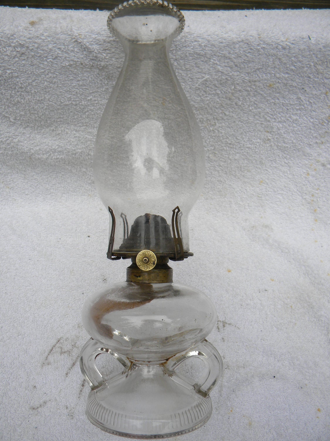 antique 1870s double handle FINGER OIL LAMP regal beaded shade