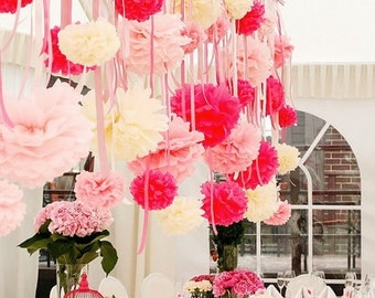 Paper Pom Poms set- 55 mixed size tissue pompom set - custom colors - very fluffy -party decorations -wedding decor-baby bridal shower