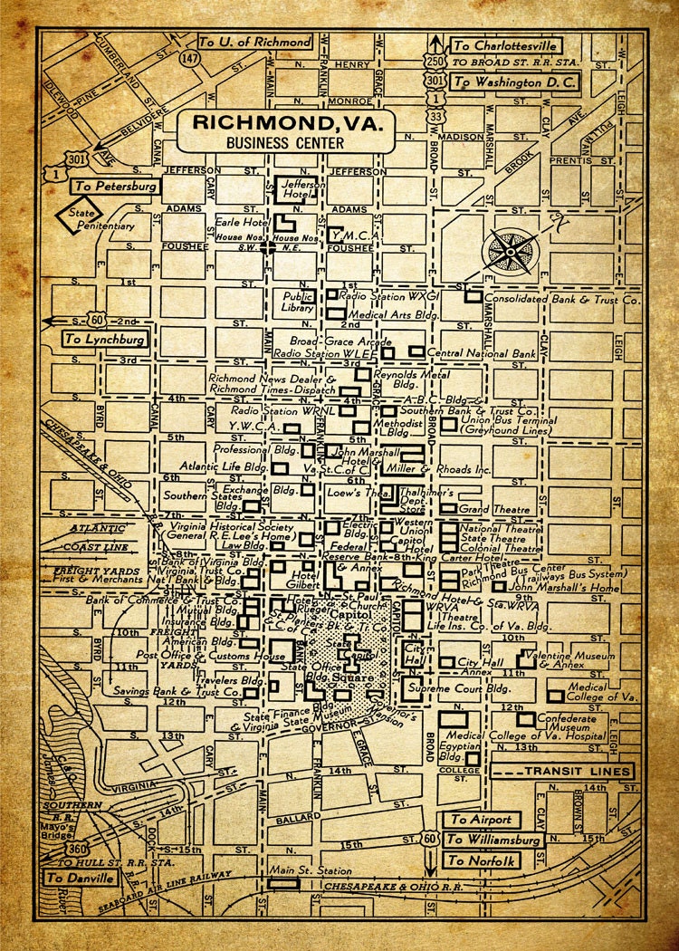 1949 Vintage Map of Downtown Richmond Grunge Sepia Map Print