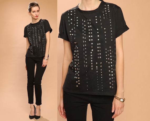Black Stud T Shirt Vintage 80s Silver Studs Studded black stud t shirt vintage 80s silver studs studded