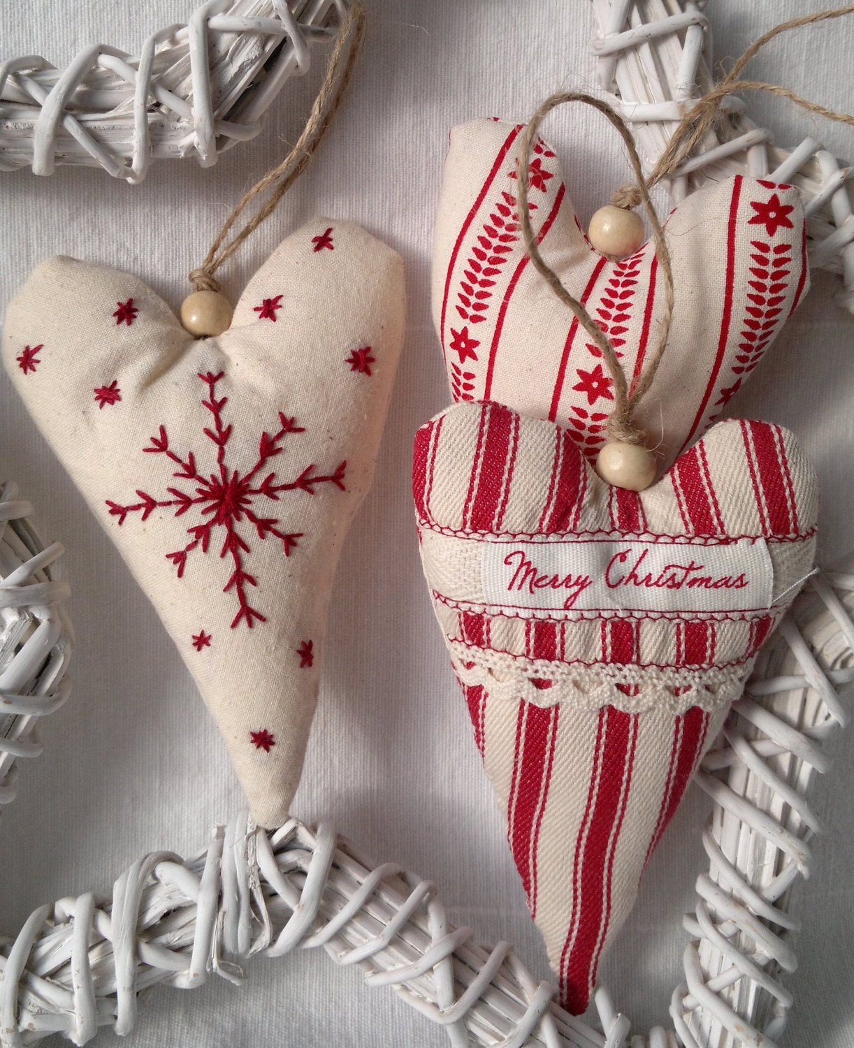 Set of Three Red and White Christmas Heart Fabric Ornament