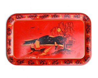 vintage tin serving tray BIG 18" Chinese type boats mountains pagoda red black offered by Elizabeth Rosen