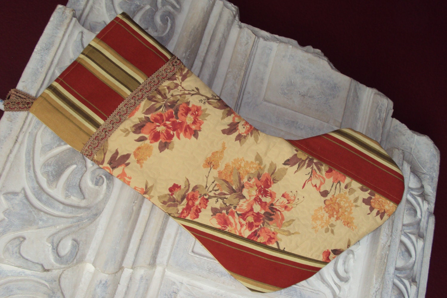 Christmas hanging Stocking Gold and rusty red flowers with stripe cuff Niriahsattic quality lasts for years